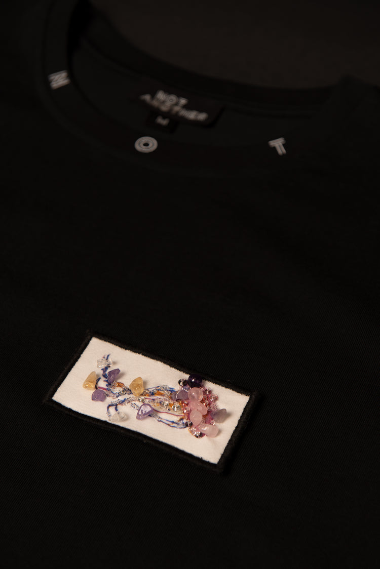 Serenity Crystal Patch with rose quart, amethyst and citrine crystals on black signature recycled cotton unisex t-shirt