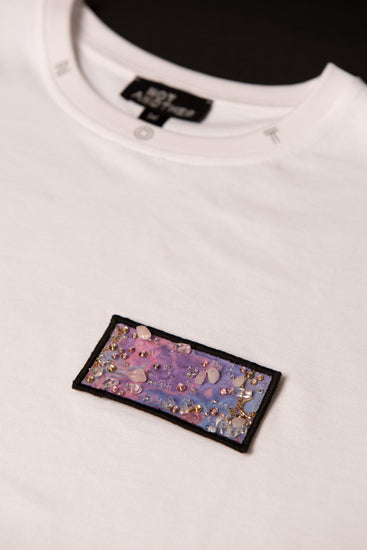 Love Crystal Patch with Black border and rose quartz crystals on White Signature recycled cotton T Shirt