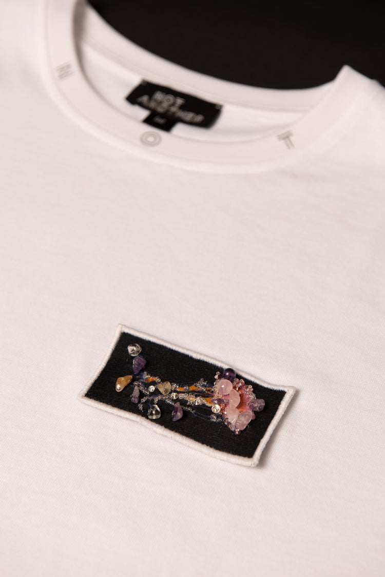 Serenity Crystal Patch with rose quartz, amethyst and citrine crystals on white signature recycled cotton unisex t-shirt